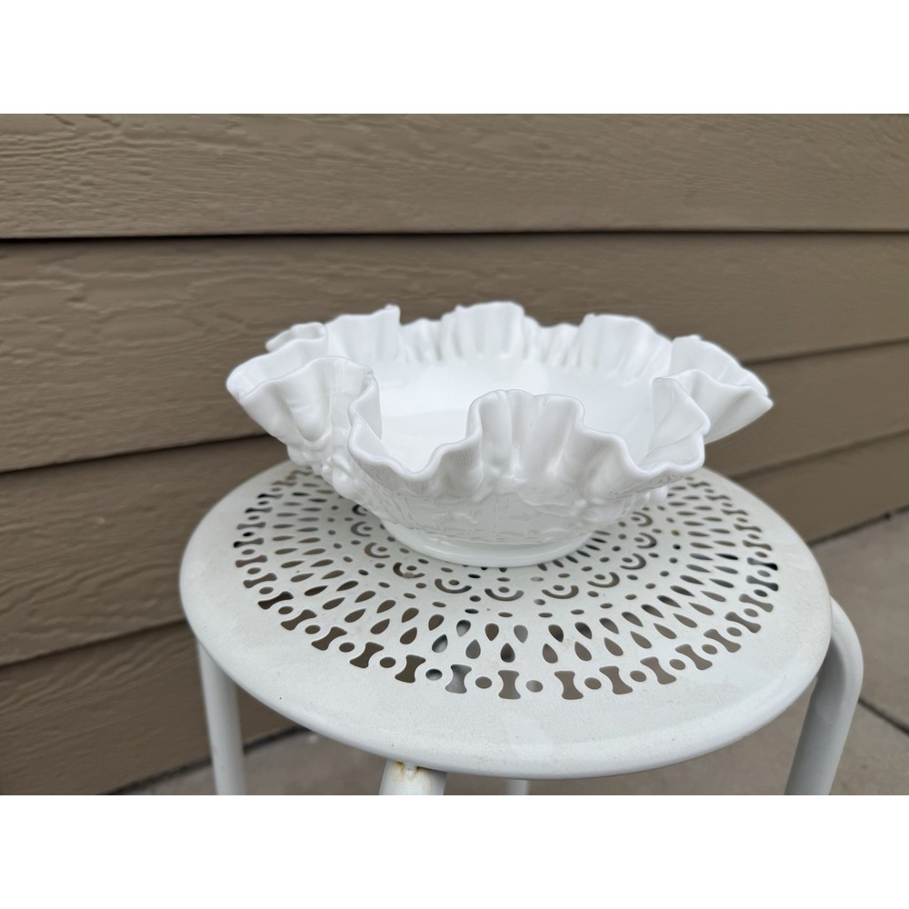 VINTAGE FENTON WHITE MILK GLASS RUFFLED CRIMP EDGE EMBOSSED FLORAL PATTERN BOWL